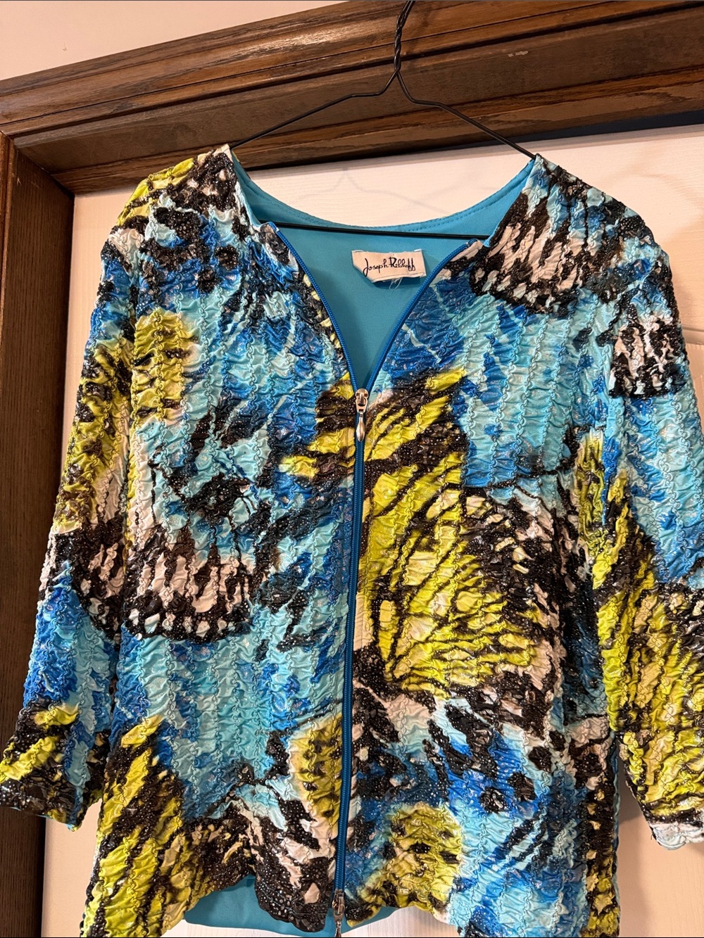 Joseph Ribkoff Blue, Yellow & Black Textured Zip-Front Jacket